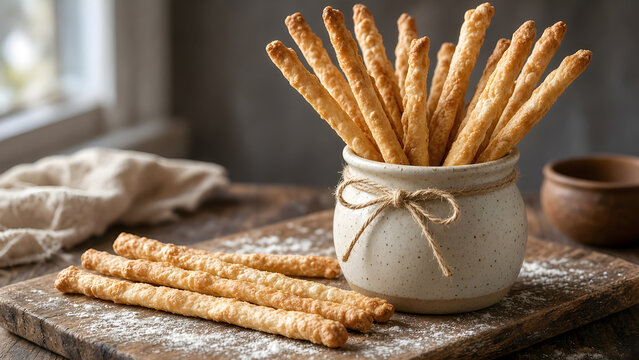 Grissini torinesi, long hand stretched Turin breadsticks on a linen cloth with flour on a wooden table