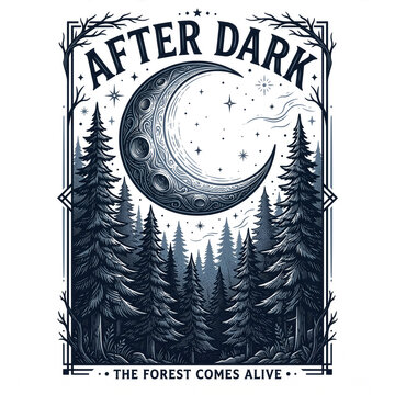 Vintage night forest illustration featuring crescent moon and pine trees