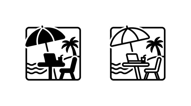 Tropical beach workstation remote office scenery icons with umbrella