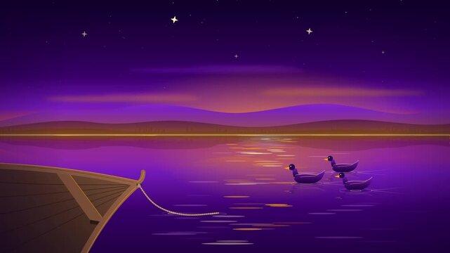 Serene pixel art animation of ducks swimming near a boat at twilight