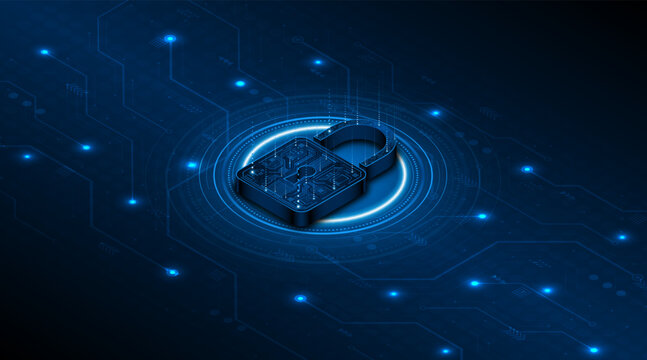 Digital cyber security concept with glowing blue padlock on circuit board background. Global network data protection and privacy technology