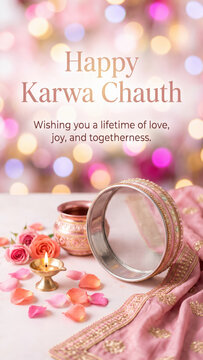 Pastel pink sieve with happy karwa chauth lifetime love joy togetherness wishes, floral vessel lit diya embroidered drape rose petals