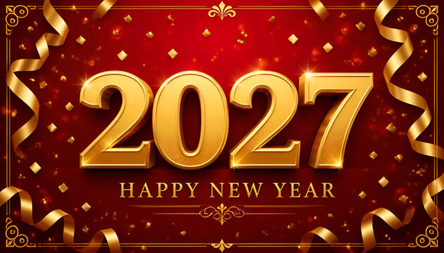 Happy new year 2027 gold 3d numbers on a dynamic red background with sparkling confetti and streamers for holiday season.