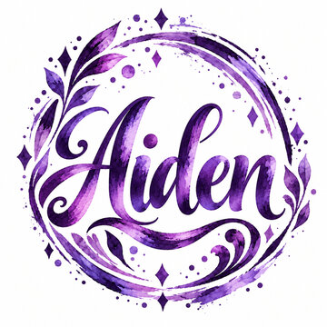 Aiden Name in Elegant Purple Watercolor Script with Floral Ornament