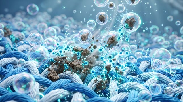 Deep cleaning fabric fibers removing dirt with active microscopic bubbles