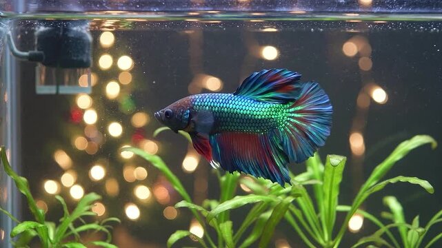 Colorful betta fish swimming through planted aquarium water, displaying flowing blue, green and red fins against softly glowing Christmas lights, for Christmas background videos, playlist visuals