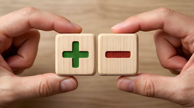 Hands holding wooden blocks with plus and minus signs, representing pros and cons, positive and negative choices, or decision making