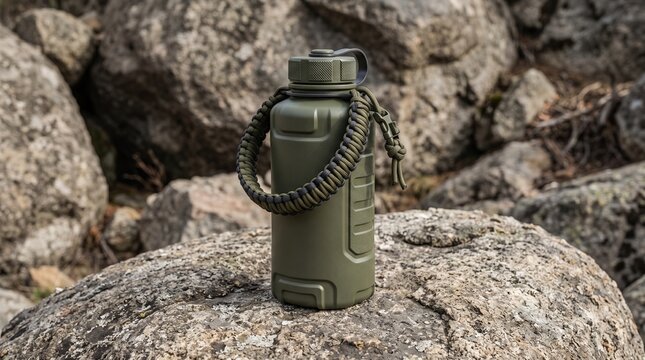 Olive green tactical water bottle with paracord handle on rocky ground
