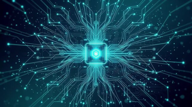 Glowing futuristic cpu processor with circuit board animation