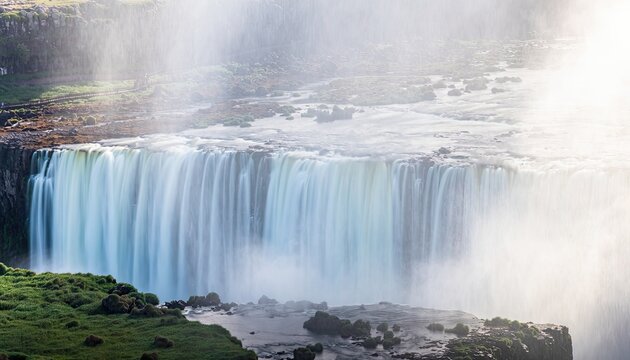 Majestic waterfall cascades powerfully, shrouded in misty spray, lush green foliage below