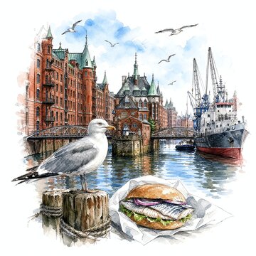 Herring Gulls Perched On Wooden Mooring Posts By The Water