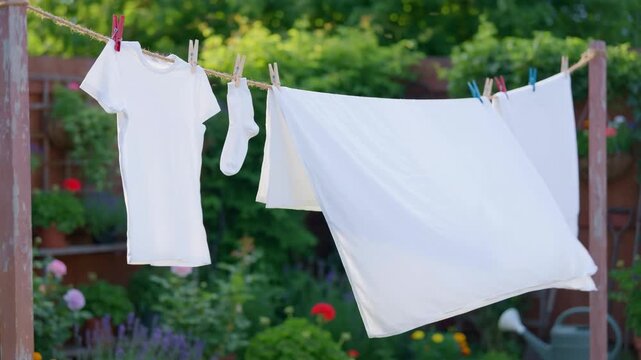 Laundry swaying on a clothesline in a breeze