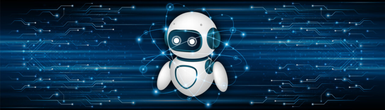 Artificial intelligence robot. Modern technology. Intelligent assistant robot of the future world. Chatbot mascot on a blue background.