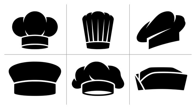 Chef hat silhouettes set with toques and caps for culinary design, restaurant signage and menus