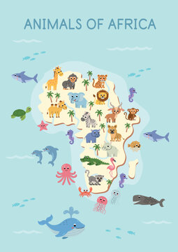 Cute cartoon animals of Africa collection for kids. Friendly safari and wildlife characters isolated on white background, perfect for educational worksheets, children&rsquo;s books, flashcards  