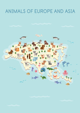 Cute cartoon animals of Europe and Asia collection for kids. Colorful forest and wildlife characters isolated on white background, ideal for educational resources, children&rsquo;s books, flashcards  