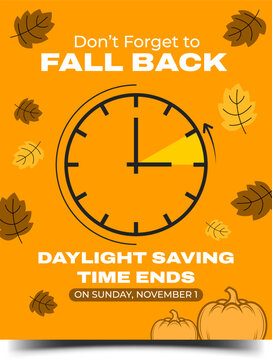 Daylight Saving Time Ends Social Media Post with Autumn Leaves and Clock Illustration. Usable for Social Media, Websites, Flyers, Poster, and Banner.