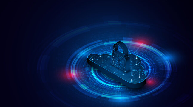 The padlock is located on the cloud. Cloud data storage technology is protected. The concept of cloud computing and large data center security technology.