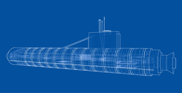 Submarine wireframe blueprint illustration. Vector