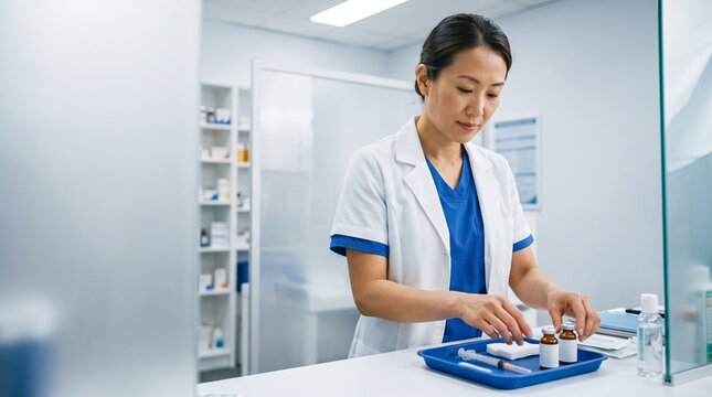 Pharmacist prepares a seasonal vaccine station