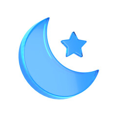 Shiny blue 3D crescent moon and star icon isolated on for Ramadan Islamic holiday concepts greeting cards and night designs.glass icon.3d render © Oleksandr