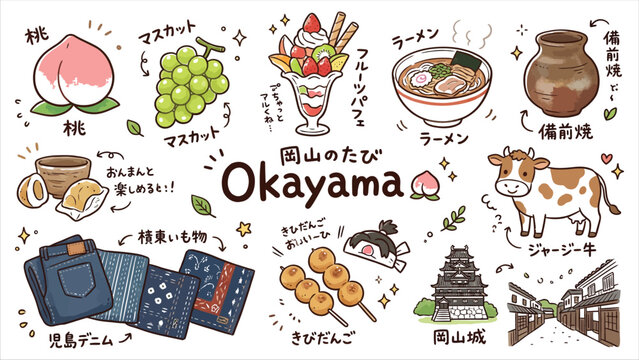 Okayama Japan Travel Illustration featuring Local Specialties, Food, and Landmarks like Peach, Muscat Grapes, Ramen, and Castle in Cute Cartoon Style