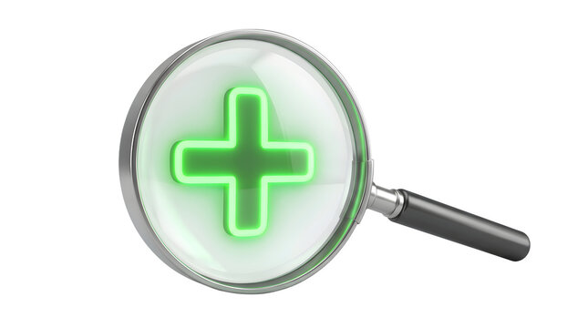 Magnifying glass with a glowing green plus sign isolated on transparent background
