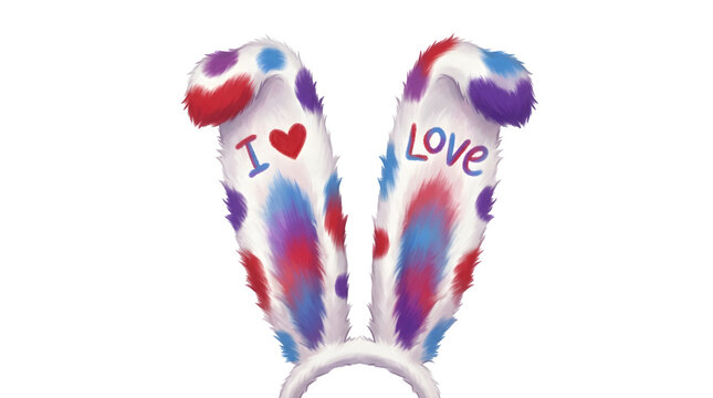 Festive bunny ears with heart shapes and i love text isolated on white