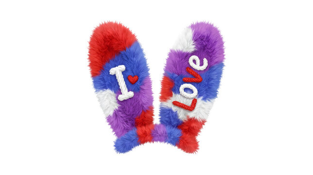 Fluffy mittens shaped as a heart with i love text on black background
