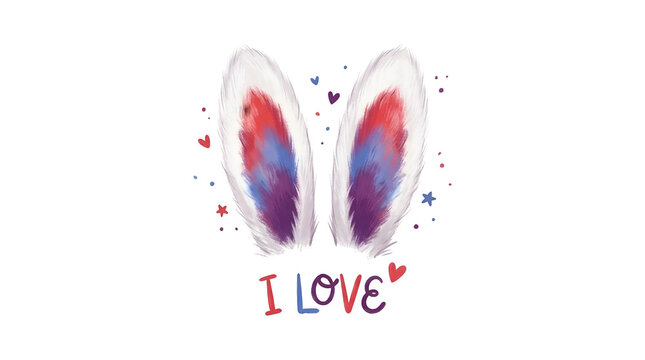 Watercolor painting of rabbit ears with hearts and the words i love