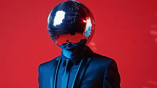 Elegant man wearing a black suit with a shiny mirror ball for a head, dancing against a vibrant red background in a surreal and artistic concept of nightlife, party, and celebration