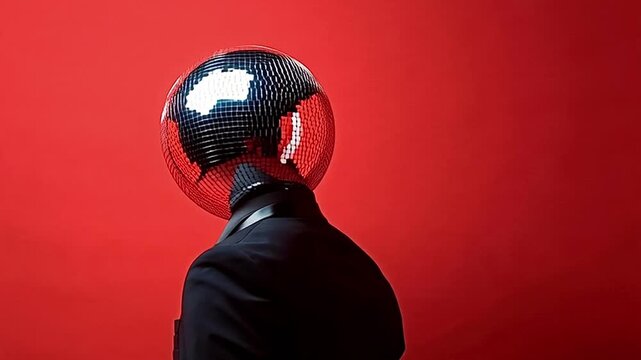 Mysterious businessman with a sparkling disco ball instead of a head, wearing a black suit and dancing in slow motion against a vibrant red background in a surreal and stylish studio shot