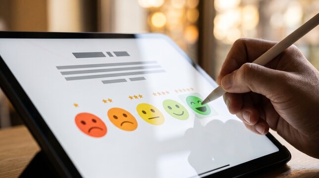 Customer satisfaction feedback survey displayed on digital tablet screen while human hand uses stylus pen to select positive green smiley face icon during review process