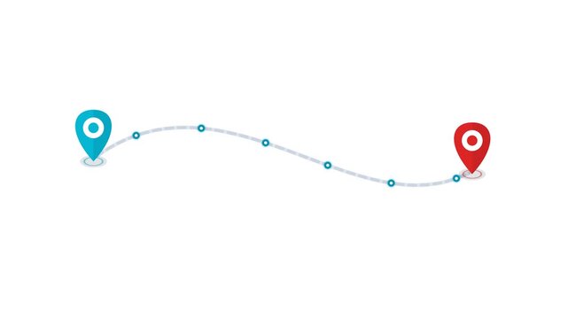 Flat 2D motion graphic loop featuring two prominent map markers connected by an animated dashed location path with traveling pulse particles on a clean plain white background.