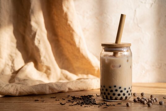 Iced milk tea with tapioca pearls on a table