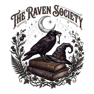 Mystical raven guards antique spell books beneath a crescent moon