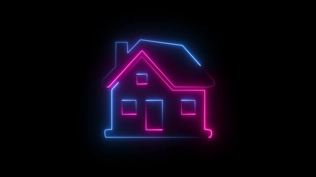 Pink and blue neon house icon on dark background, glowing residential home property symbol.