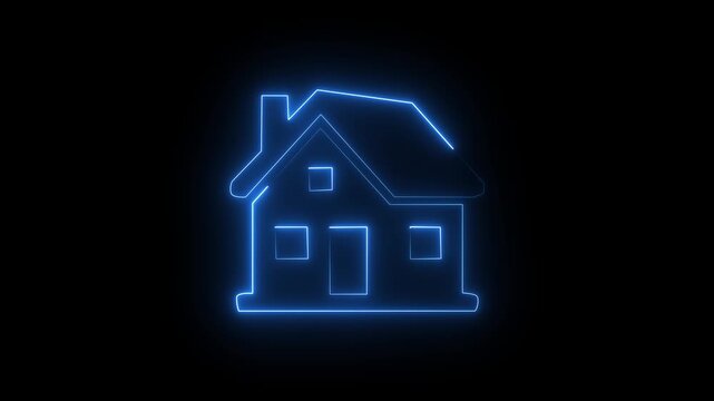 Blue neon house icon on dark background, glowing residential home property symbol.