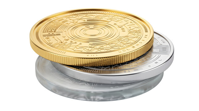 Stack of gold and silver cryptocurrency coins isolated on transparent background