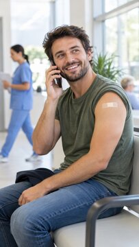 Smiling man with adhesive bandage on upper arm talking on phone in bright modern healthcare waiting room with medical staff and plants in background
