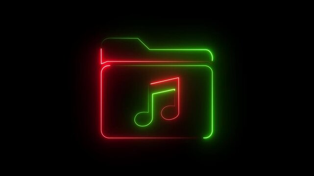 Green and red neon music folder icon on dark background, glowing audio file directory symbol.