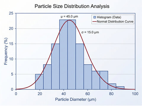 Particle size distribution analysis chart displaying a blue histogram and a red normal distribution curve on a grid.