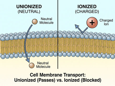 Cell membrane transport diagram illustrating neutral unorganized molecules passing through the lipid bilayer while charged ions are blocked by electrical forces.