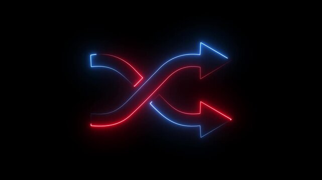 Red and blue neon shuffle icon on dark background, glowing random mix arrows symbol.