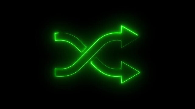 Green neon shuffle icon on dark background, glowing random mix arrows symbol.