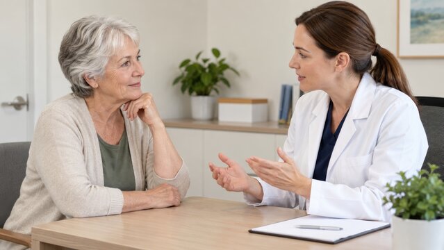 Doctor discussing health care with senior woman at wooden table, attentive conversation in bright modern office with plants, clipboard and medical coat, immune system consultation