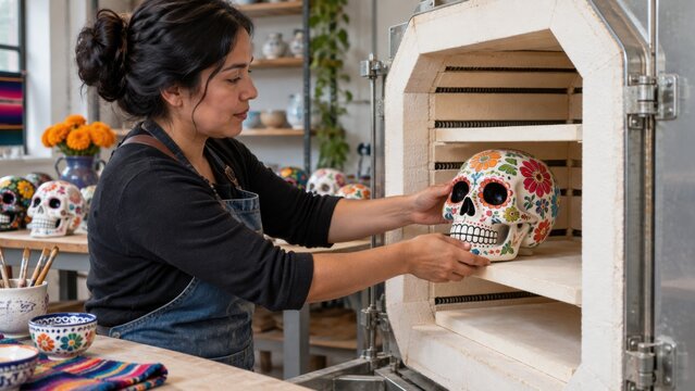 Woman placing a colorful decorated sugar skull inside a large ceramic kiln in an artisan studio, with painted calaveras and craft materials visible around her