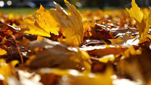 Detail view on brown maple leaves falling to ground in autumn park at sunset. Bright foliage covered lawn at parkland. Beautiful colorful fall season. Slow mo