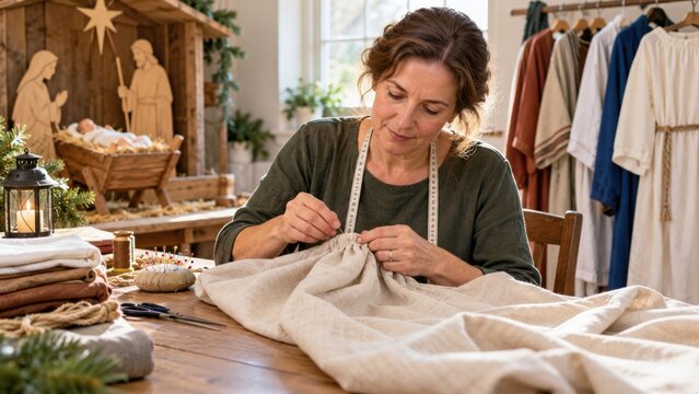Woman sewing linen cloth beside a nativity display, lantern, folded textiles, and hanging garments in a warm Christmas craft workshop interior