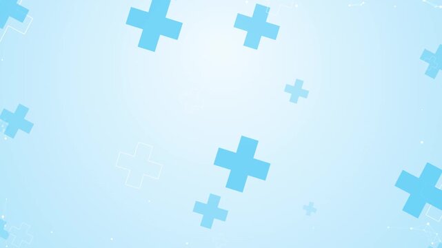 Abstract blue medical cross shapes floating and rotating motion on light background animation for health care presentation.